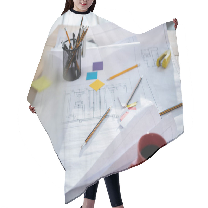 Personality  Blueprints And Office Supplies On Table  Hair Cutting Cape