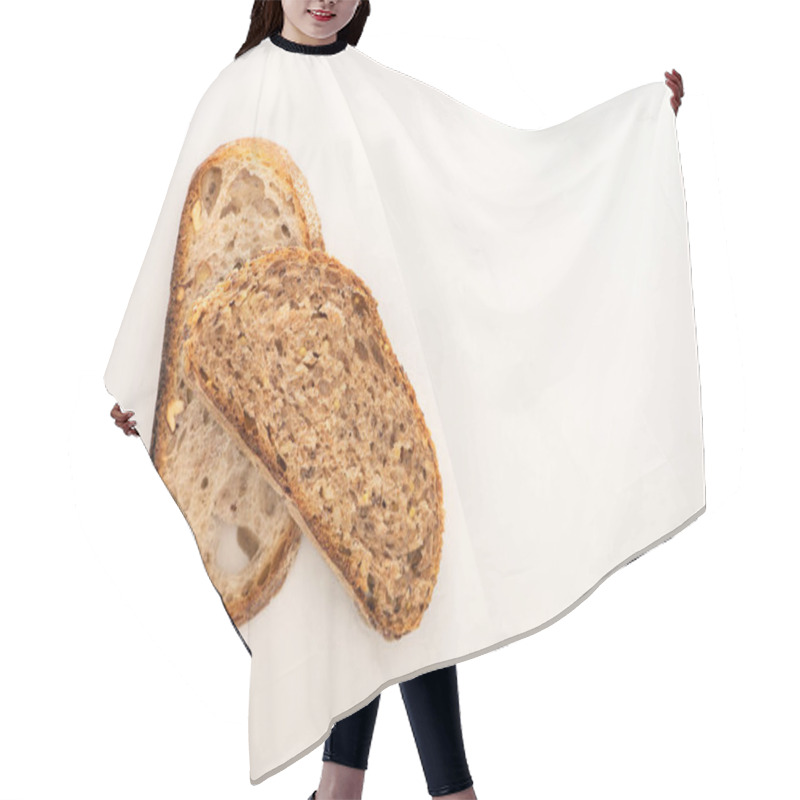 Personality  Top View Of Fresh Whole Grain Bread Slices On White Background Hair Cutting Cape