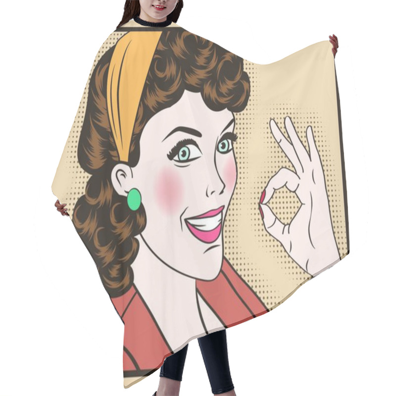 Personality  Pop Art Cute Retro Woman In Comics Style With OK Sign. Vector Illustration Hair Cutting Cape