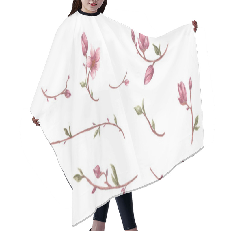 Personality  Magnolia Flower And Branches Set, Isolated On White Background. Line Borders, Laurels And Text Divider. Watercolor Illustration. Hair Cutting Cape