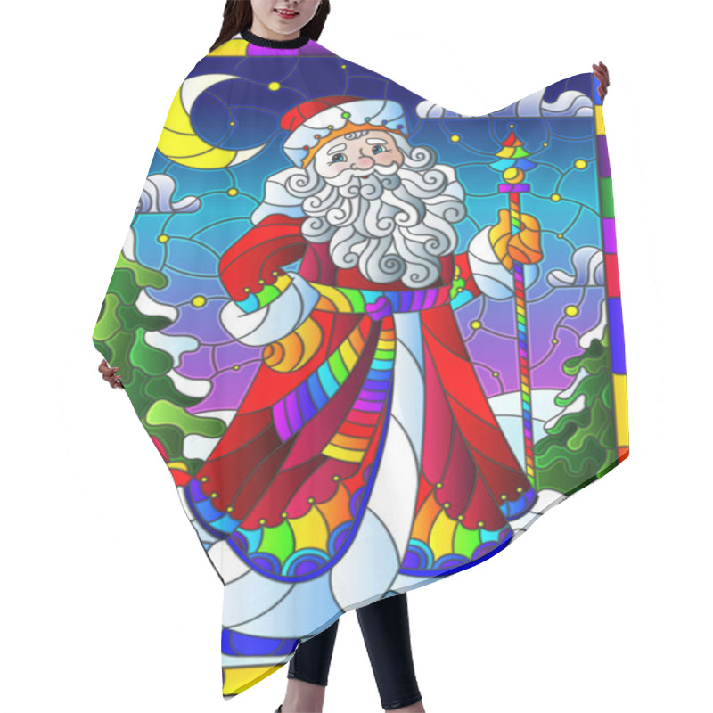 Personality  Illustration In The Style Of Stained Glass On The Theme Of Winter Holidays, Cheerful Cartoon Santa Claus, Against The Background Of A Winter Night Landscape In A Bright Frame Hair Cutting Cape