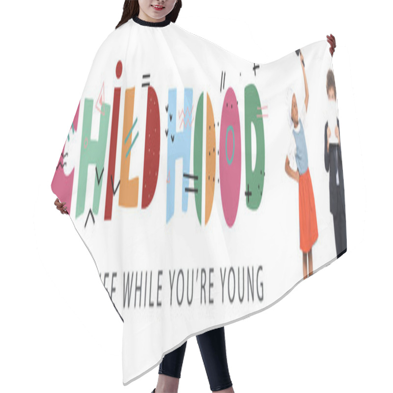 Personality  African American Kid Pretending Housewife And Holding Frying Pan Near Boy In Suit Near Childhood Lettering On White, Banner  Hair Cutting Cape