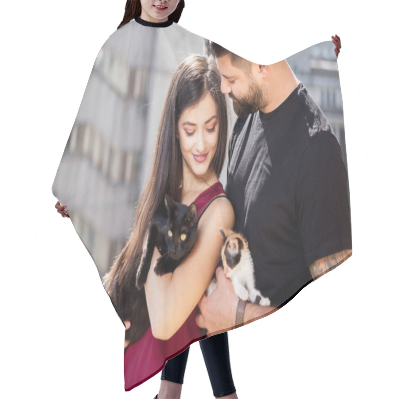 Personality  Young Couple Holding Cats In Hands On The Terrace Hair Cutting Cape