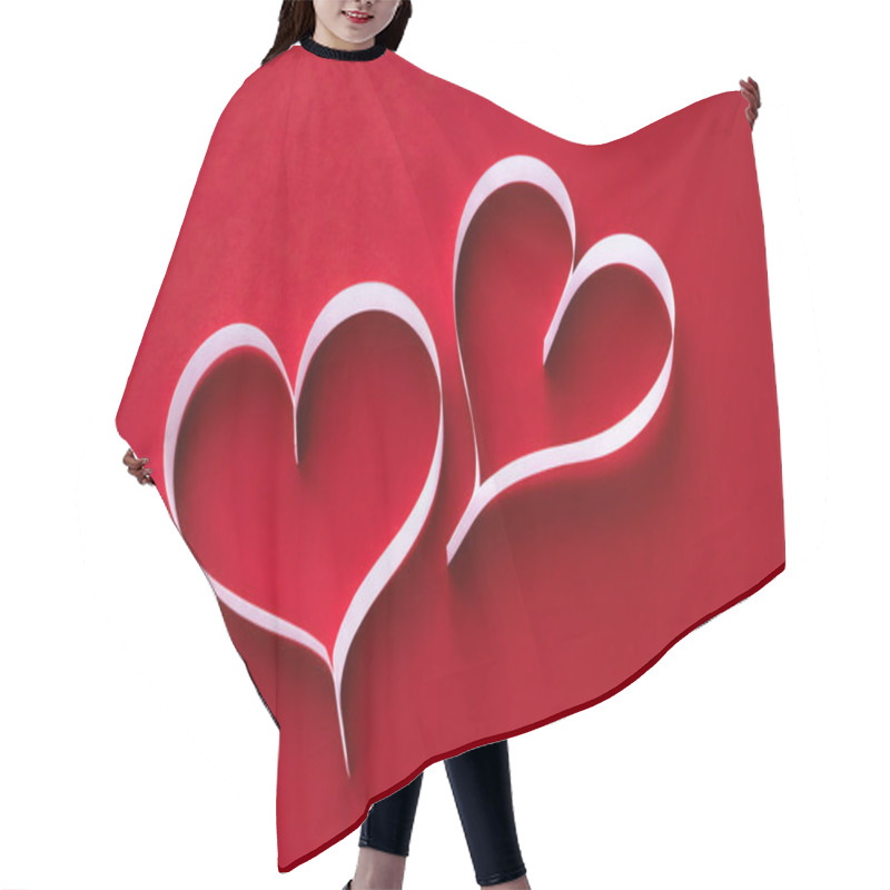 Personality  Happy Valentines Day. Two Paper Hearts On A Red Background Hair Cutting Cape