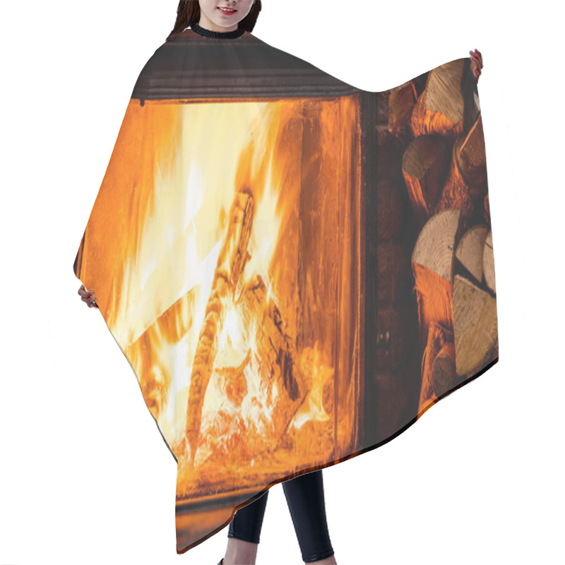 Personality  Wooden Table Top And Burning Warm Fire At The Background. Hair Cutting Cape