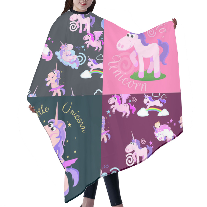 Personality  Cute Unicorn Seamless Pattern, Magic Pegasus Flying With Wing And Horn On Rainbow, Fantasy Horse Vector Illustration, Myth Creature Dreaming Background. Hair Cutting Cape