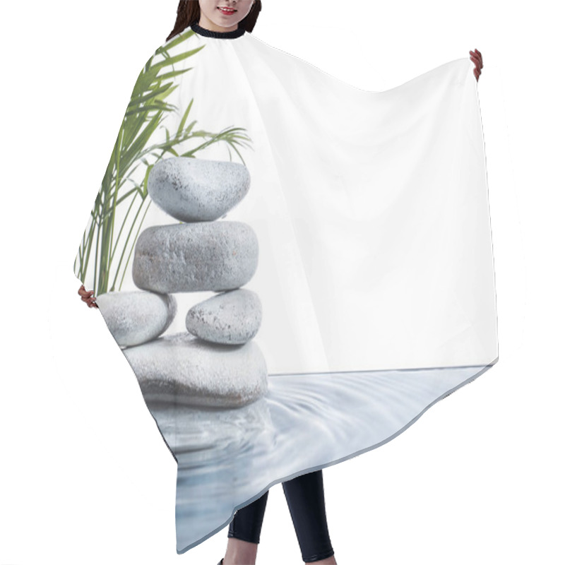 Personality  Stack Of Spa Stones And Tropical Branches In Water On White Background Hair Cutting Cape