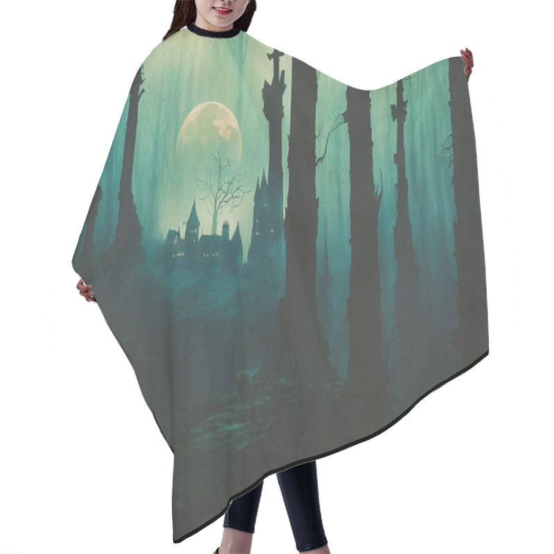 Personality  3D Render Of Dracula Castle Is Lit In A Forest At Night With A Full Moon. Hair Cutting Cape