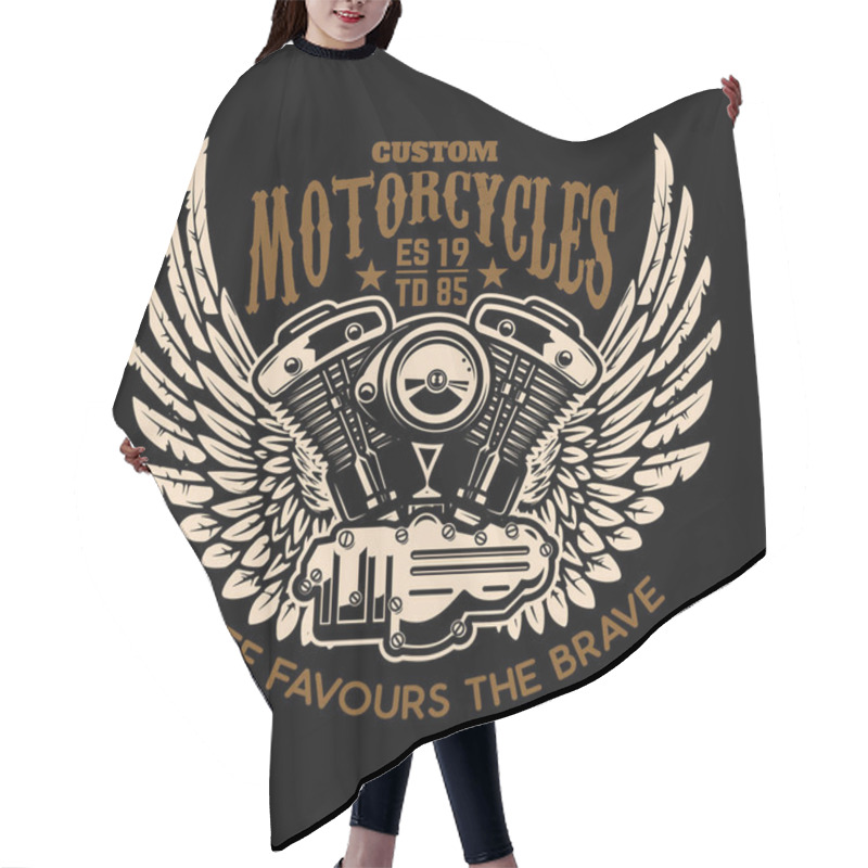 Personality  Custom Motorcycles. Winged Motor On Dark Background. Design Element For Logo, Label, Emblem, Sign, Poster. Vector Illustration Hair Cutting Cape