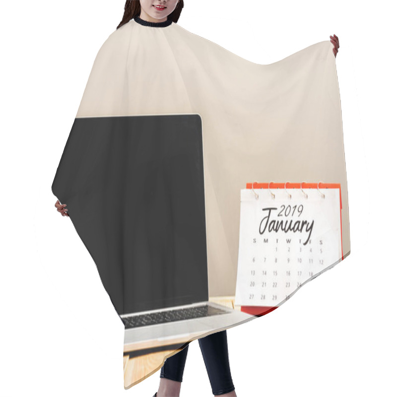 Personality  Calendar With 'january 2019' Lettering And Laptop With Blank Screen Isolated On Beige Hair Cutting Cape