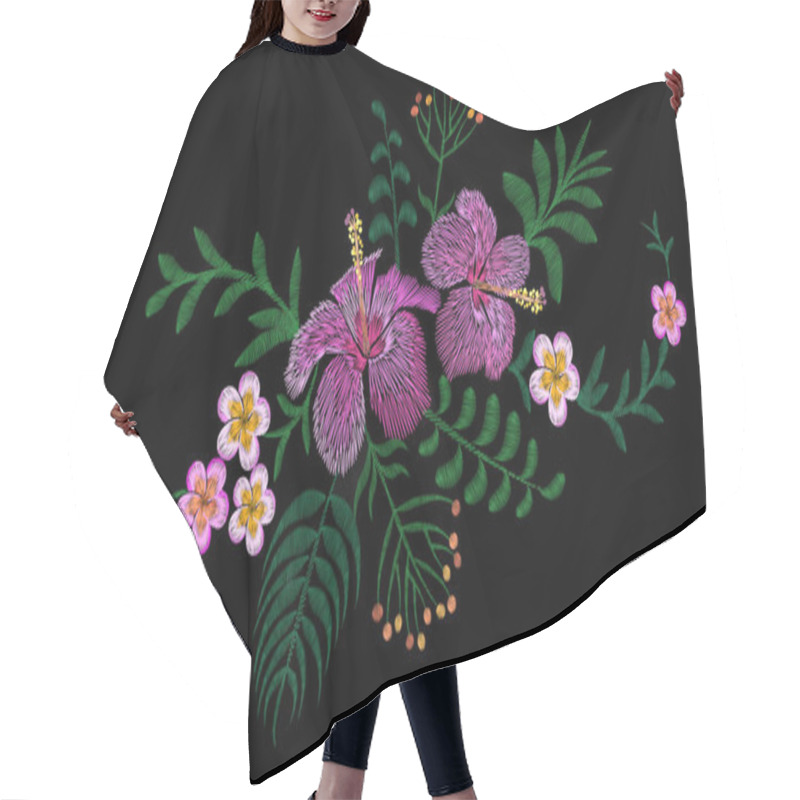 Personality  Hawaii Flower Embroidery Arrangement Patch. Fashion Print Decoration Plumeria Hibiscus Palm Leaves. Tropical Exotic Blooming Bouquet Vector Illustration Hair Cutting Cape