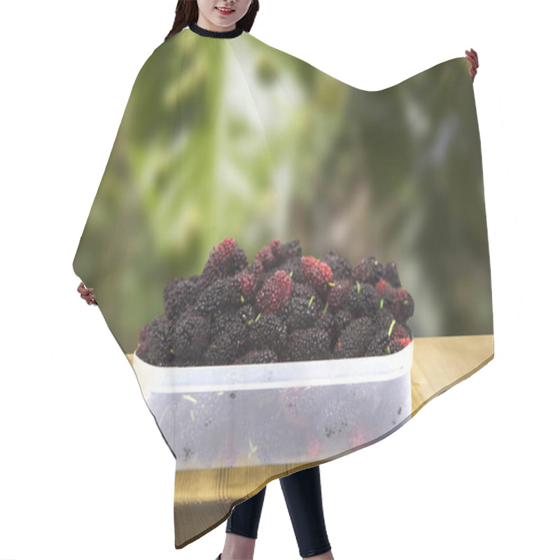 Personality  Group Of Mulberries In Plastic Box On Wood Table And Blur Garden Background. Mulberry This A Superfruit For Health. Hair Cutting Cape