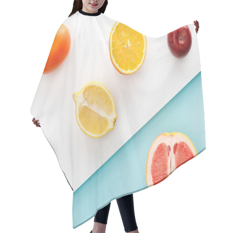 Personality  Top View Of Orange, Lemon And Grapefruit Halves With Persimmon, Apples On White And Blue Background Hair Cutting Cape