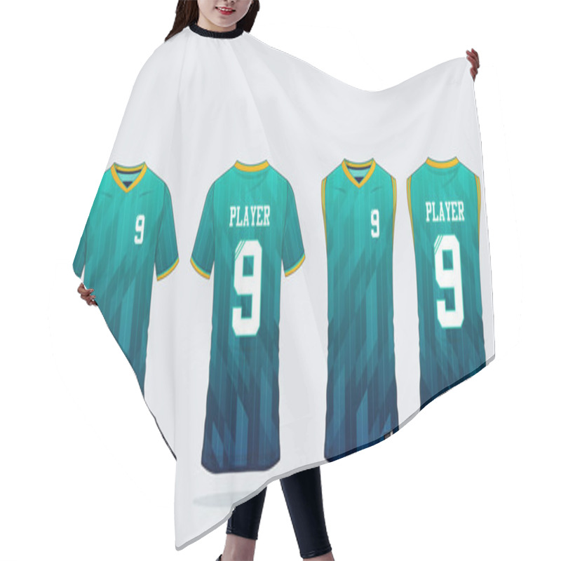 Personality  Blue And Green Gradient T-shirt Sport Design Template For Soccer Jersey, Football Kit. Tank Top For Basketball Jersey. Sport Uniform In Front And Back View. Sport Shirt Mock Up For Sport Club. Vector Illustration. Hair Cutting Cape