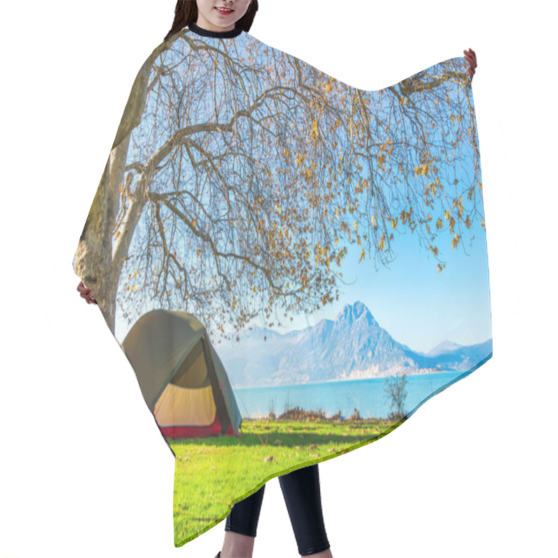 Personality  Green Tent Stands Under The Tree With Blue Lake And Mountains In The Background Landscape. Camping In Autumn. Hair Cutting Cape