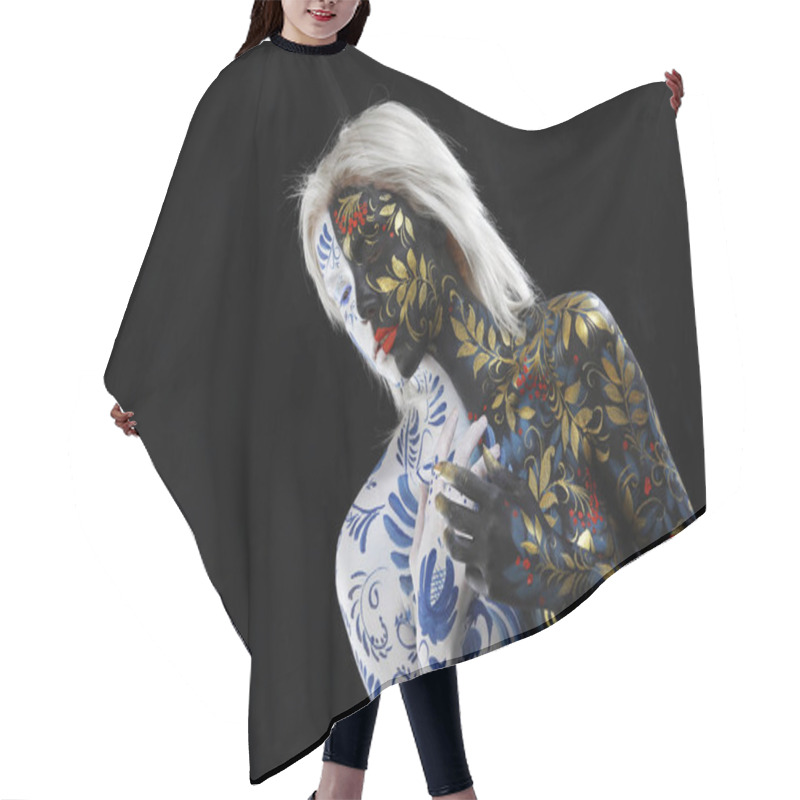 Personality  Body Art Portrait Of A Girl In The Style Of Khokhloma And Gzhel On A Black Background Studio Hair Cutting Cape