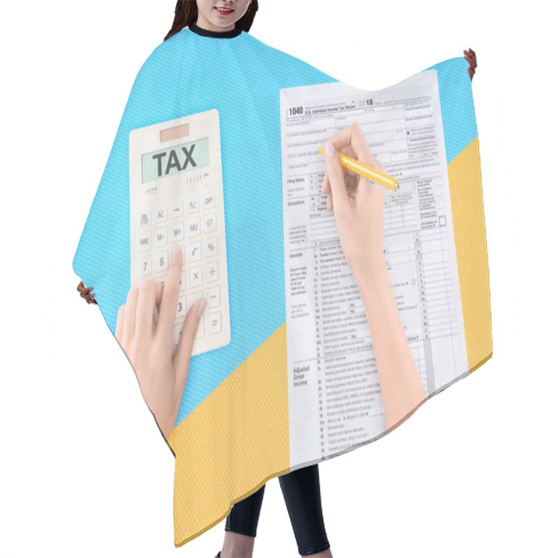 Personality  Cropped View Of Woman Using Calculator With Word 'tax' And Filling Tax Form On Blue And Yellow Background Hair Cutting Cape