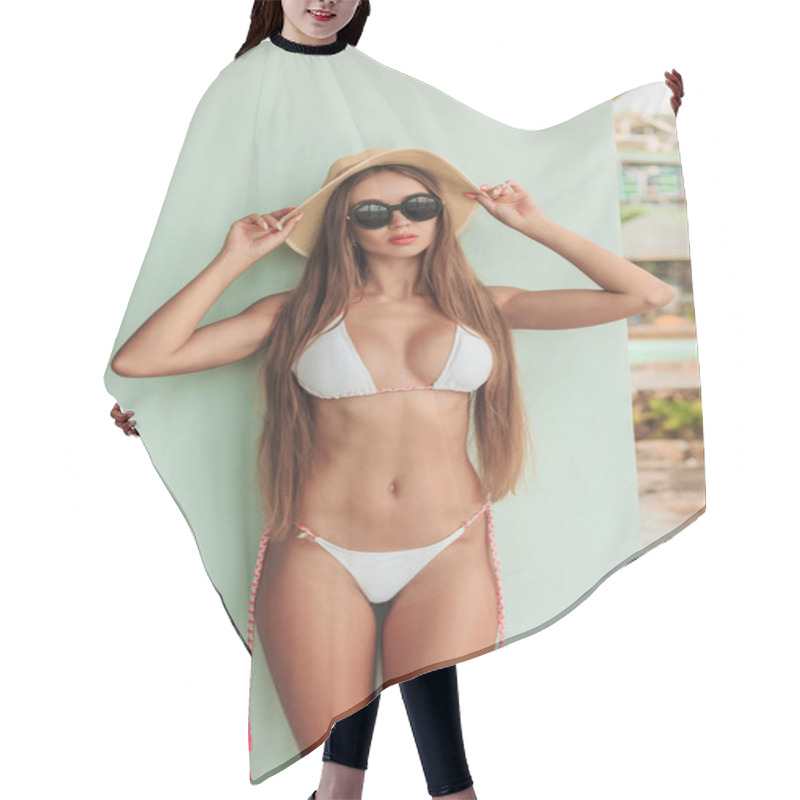 Personality  Attractive Slim Girl Posing In Stylish Bikini, Sunglasses And Hat Hair Cutting Cape