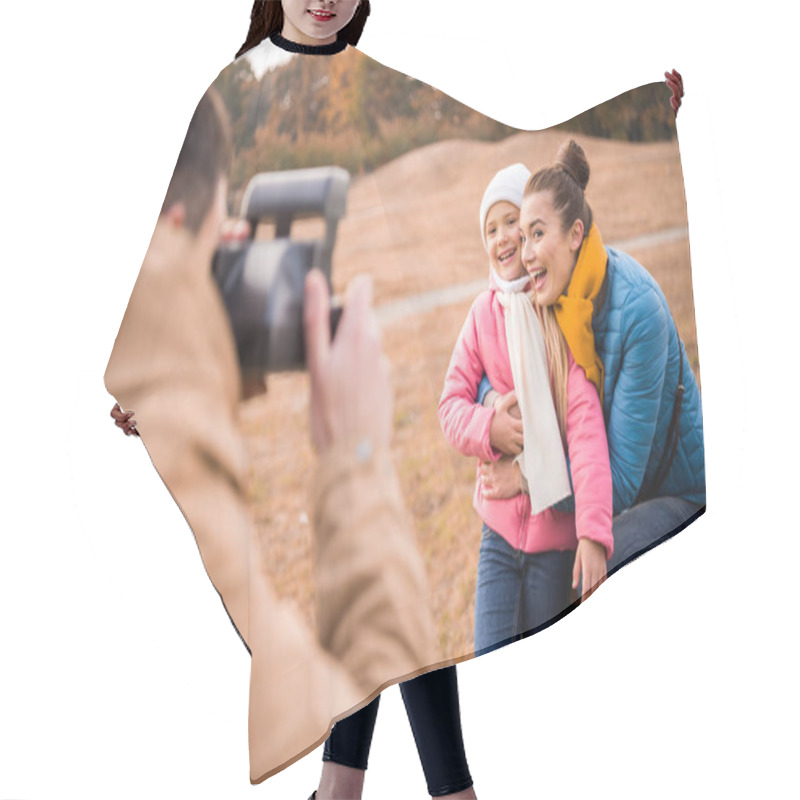 Personality  Man Photographing Happy Mother And Daughter Hair Cutting Cape