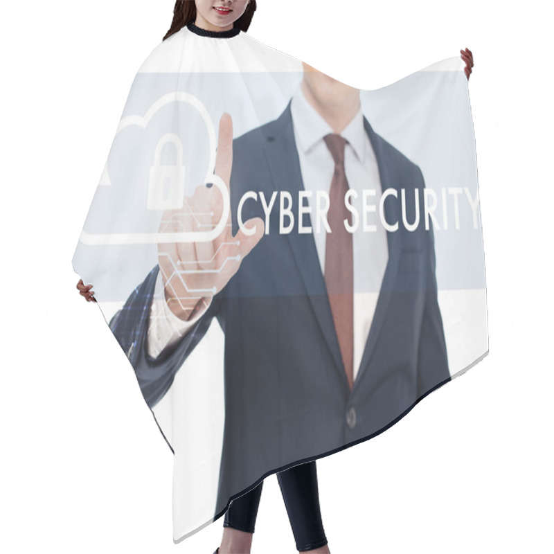 Personality  Partial View Of Businessman In Suit Pointing With Finger At Cyber Security Illustration  Hair Cutting Cape