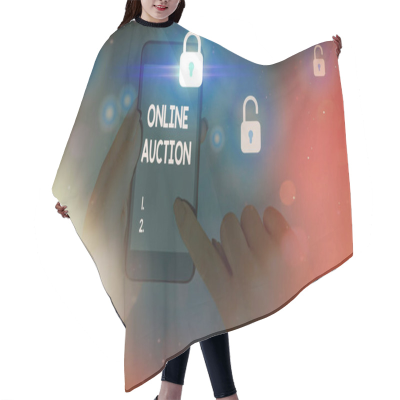 Personality  Writing Note Showing Online Auction. Business Photo Showcasing Digitized Sale Event Which Item Is Sold To The Highest Bidder. Hair Cutting Cape