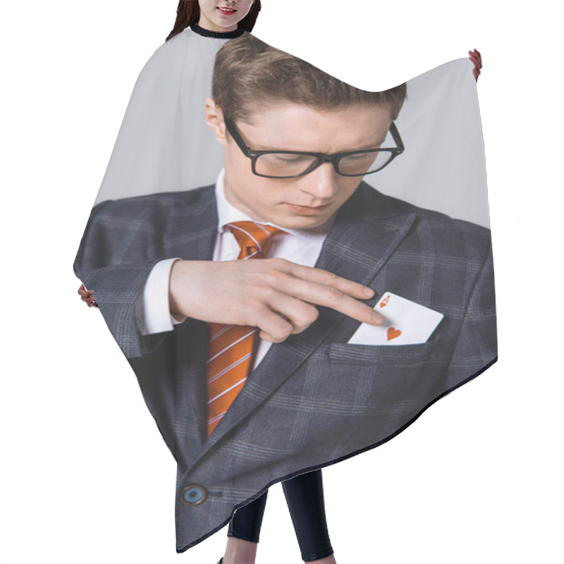 Personality  Handsome Stylish Businessman Taking Ace From Pocket Isolated On Grey Hair Cutting Cape