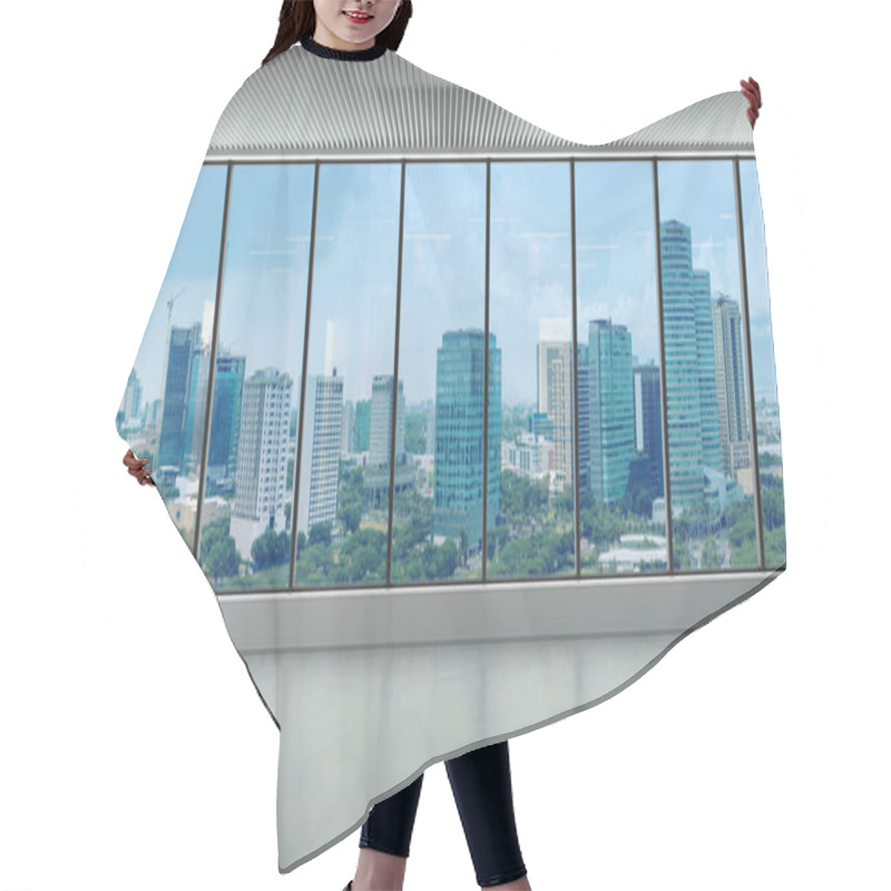 Personality  A Bare Office Building Interior. A Modern Panoramic Window And View Of Alabang Skyline. Interior Concept. Architectural Background. Hair Cutting Cape