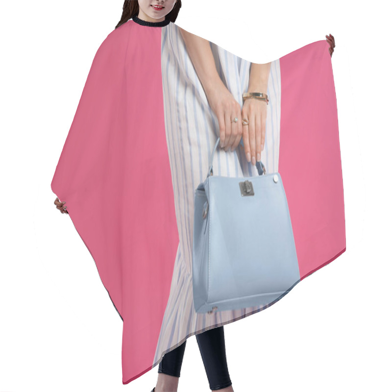 Personality  Young Woman With Stylish Blue Bag On Pink Background, Closeup. Space For Text Hair Cutting Cape