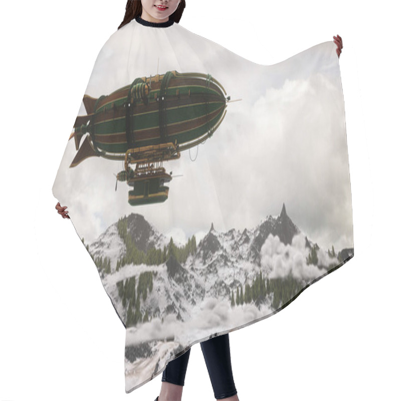 Personality  Fantasy Steampunk Airship Flying Over Snow Covered Mountains With Low Grey Clouds. 3D Rendering. Hair Cutting Cape