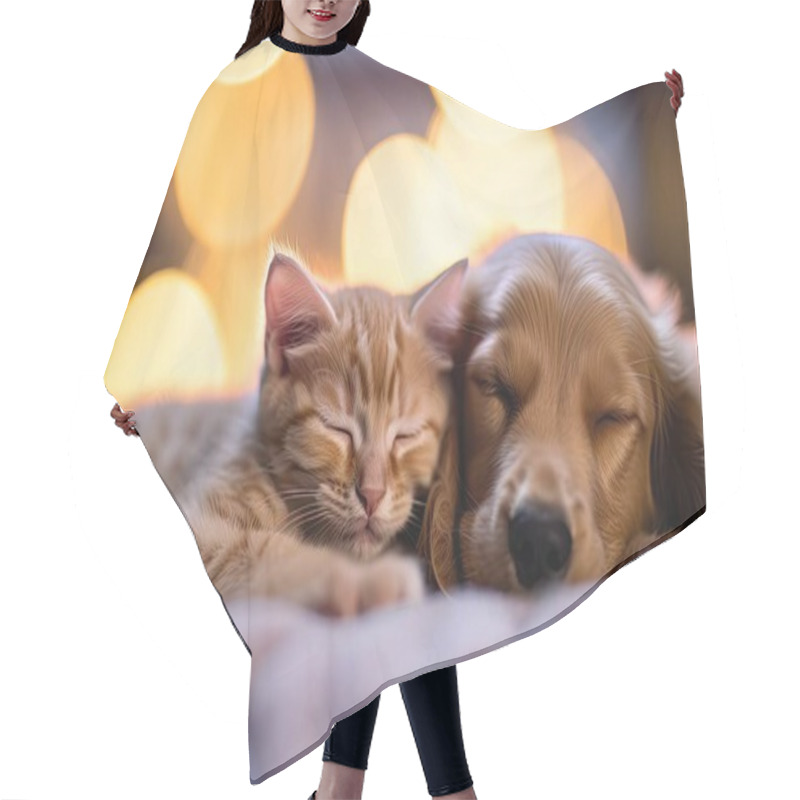 Personality  Cute Kitten And Puppy Sleeping Together Hair Cutting Cape