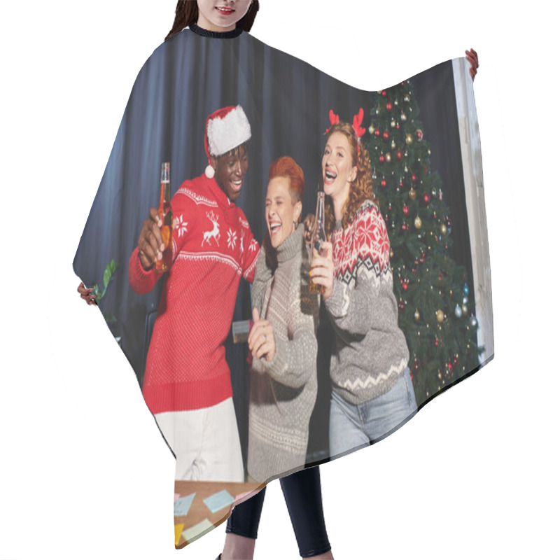 Personality  A Group Of Cheerful Coworkers Share Laughter And Drinks While Celebrating Christmas Together. Hair Cutting Cape