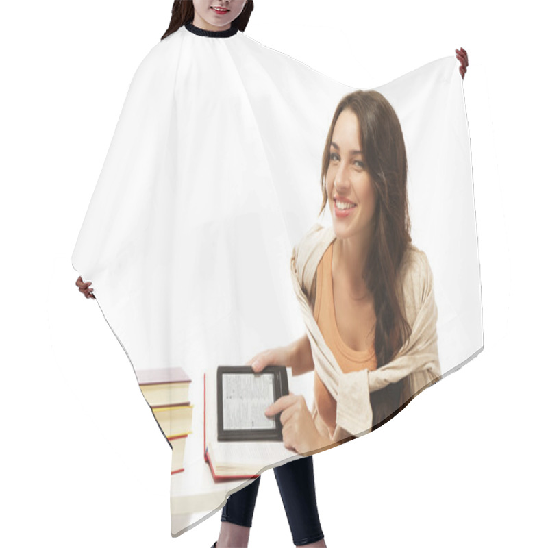 Personality  Happy Young Woman With Books And Ebook Hair Cutting Cape