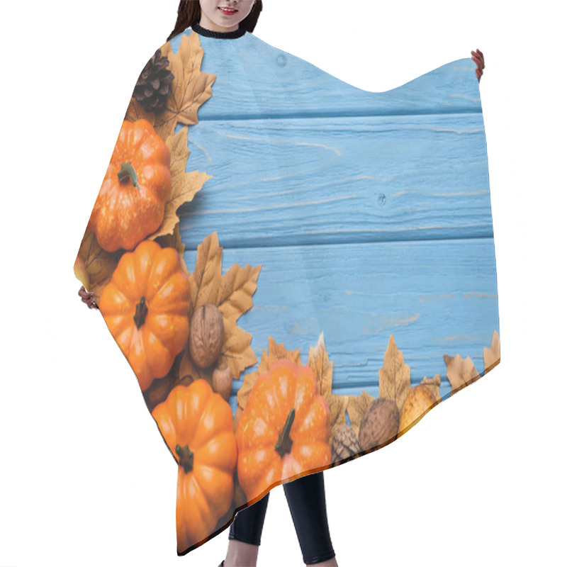 Personality  Top View Of Autumnal Harvest And Foliage On Blue Wooden Background Hair Cutting Cape