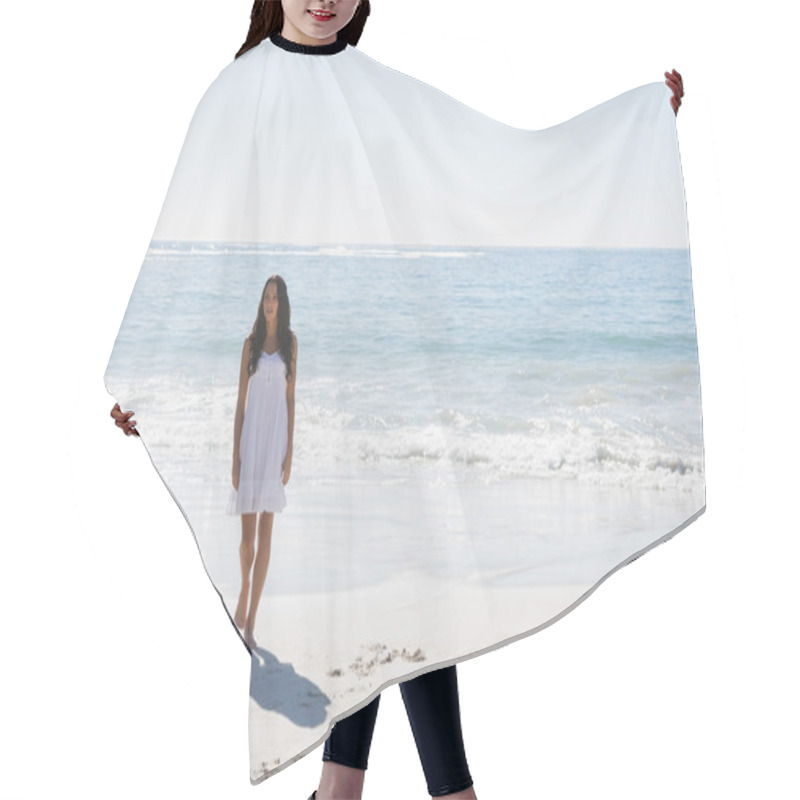 Personality  Brunette In White Sun Dress Walking From The Sea Hair Cutting Cape