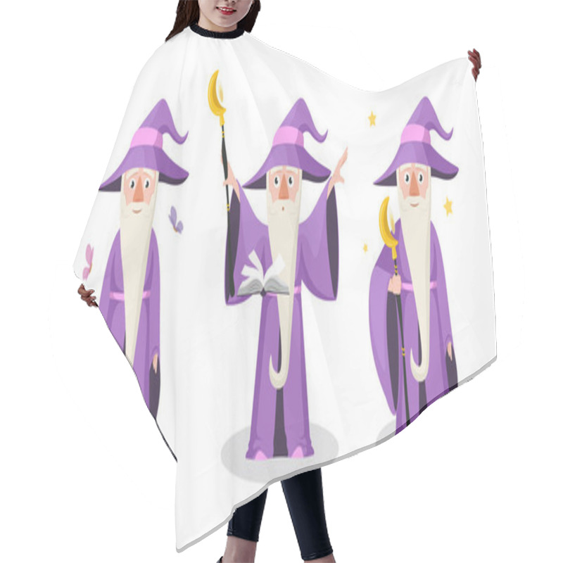 Personality  Vector Illustration Of Cute And Beautiful Ancient Magicians On White Background. Charming Characters In Different Poses, A Magic Book, Walks With Staff And Around A Star In Cartoon Style. Hair Cutting Cape