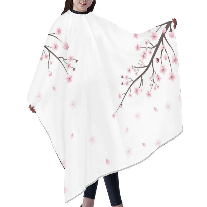 Personality  Vector Japan Sakura Cherry Branch With Blooming Flowers. Design Constructor With Blooming Cherry Branch. Branch With Beautiful Sakura Flowers And Falling Petals Realistic Composition Illustration. Hair Cutting Cape