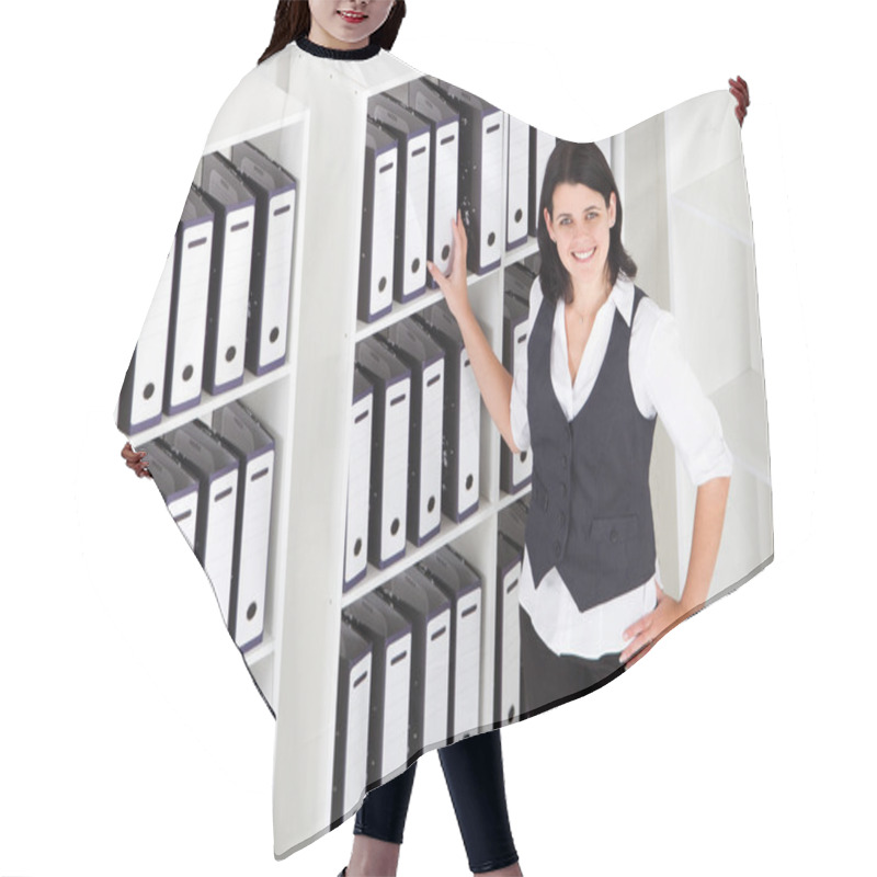 Personality  Businesswoman Standing Next To Office Files Hair Cutting Cape