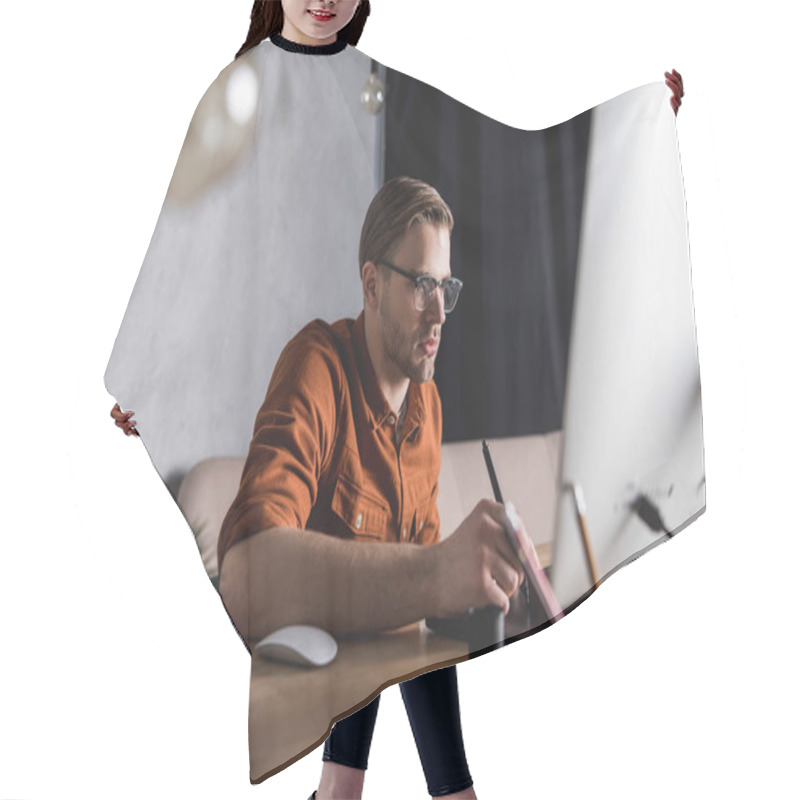 Personality  Stylish Young Designer Working With Drawing Tablet At Workplace Hair Cutting Cape