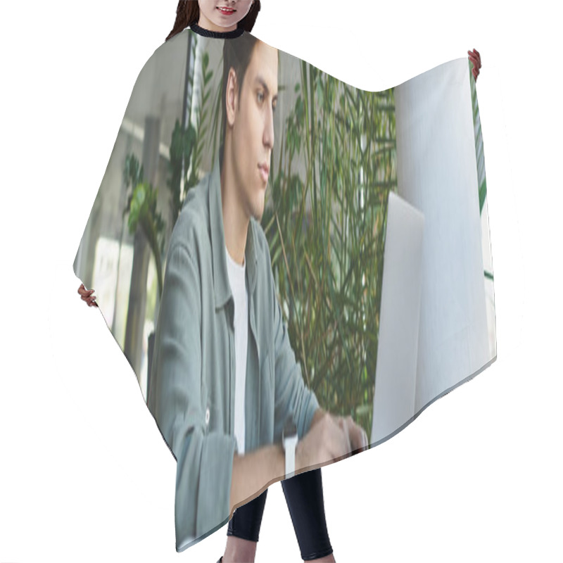 Personality  A Focused Individual Is Studying At A Library, Surrounded By Greenery And Natural Light. Hair Cutting Cape