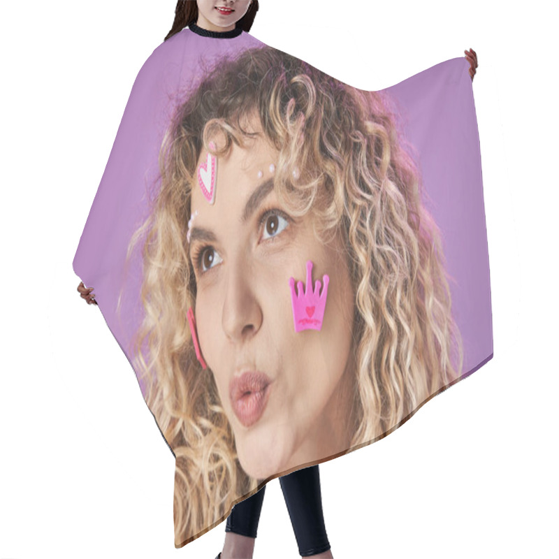 Personality  Portrait Of Amazed Attractive Woman With Blonde Curly Hair And Bright Face Stickers Looking Away Hair Cutting Cape