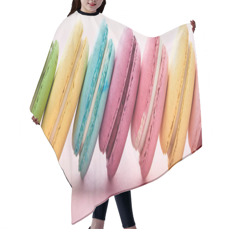 Personality  Row Of Delicious French Macaroons Of Different Flavors On Pink Background, Panoramic Shot Hair Cutting Cape