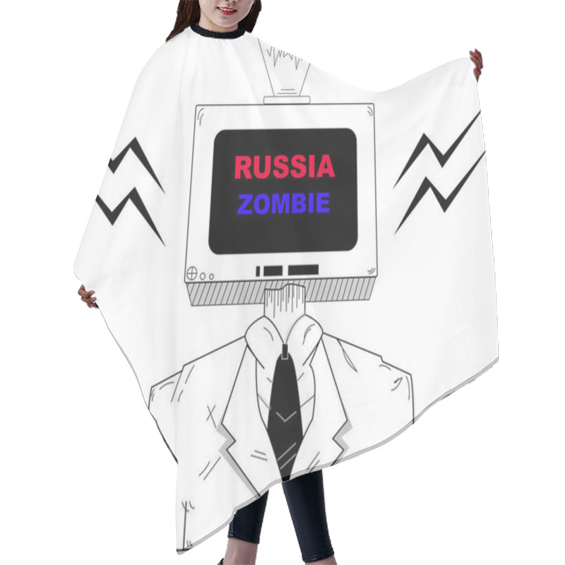 Personality  Illustration Of Tv Screen Instead Of Head With Russia Zombie Lettering  Hair Cutting Cape