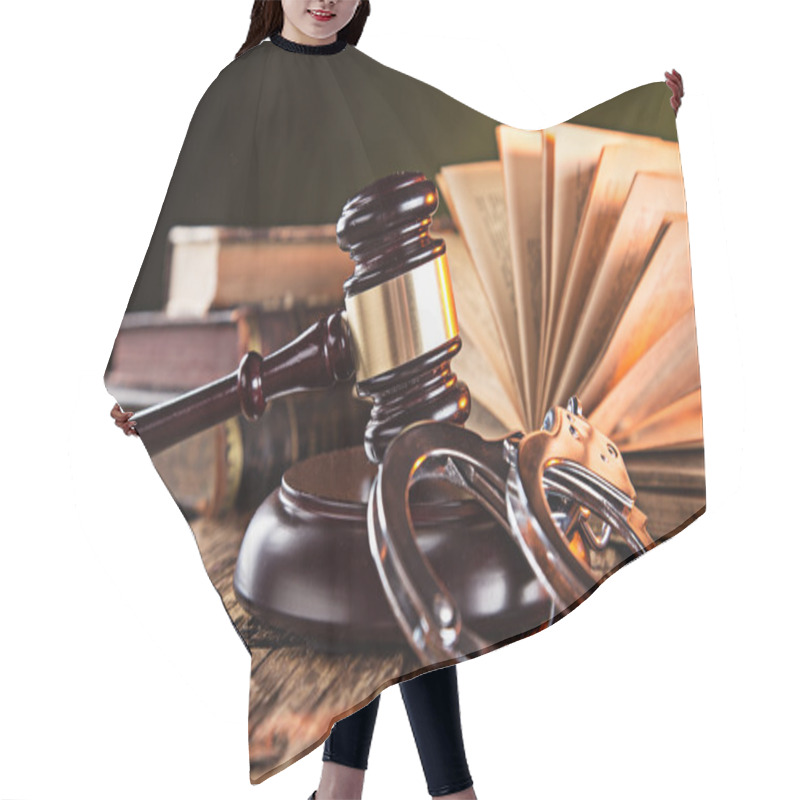 Personality  Wooden Gavel And Books On Wooden Table Hair Cutting Cape