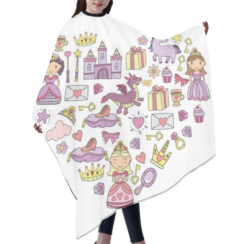 Personality  Set Of Doodle Princess And Fantasy Icon And And Design Element For Invitation And Greeting Card. Kids Drawing. Kindergarten, Preschool, School Pattern Hair Cutting Cape