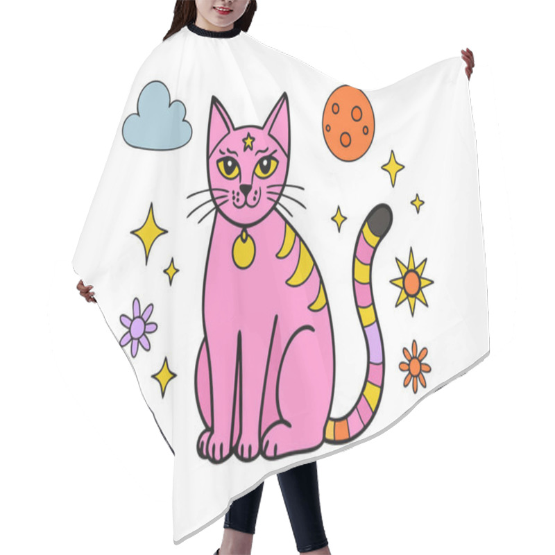 Personality  Whimsical Pink Cosmic Cat Illustration With Stars And Planets Hair Cutting Cape