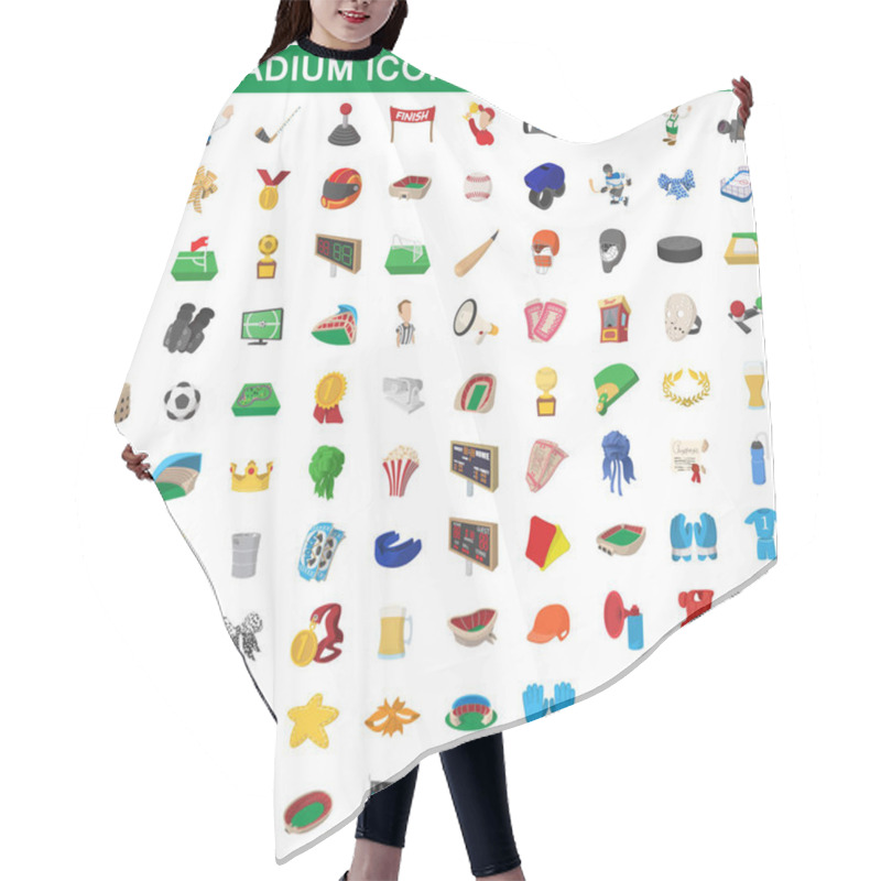 Personality  100 Stadium Icons Set, Cartoon Style Hair Cutting Cape