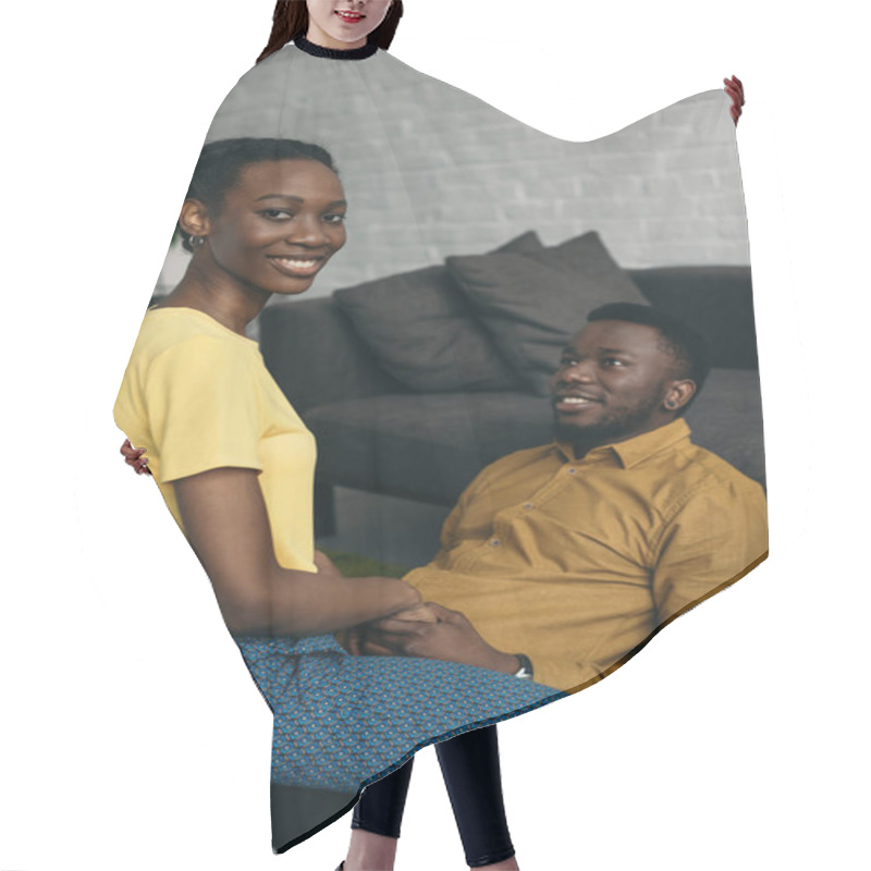 Personality  Happy Young African American Couple In Love Spending Time Together At Home Hair Cutting Cape