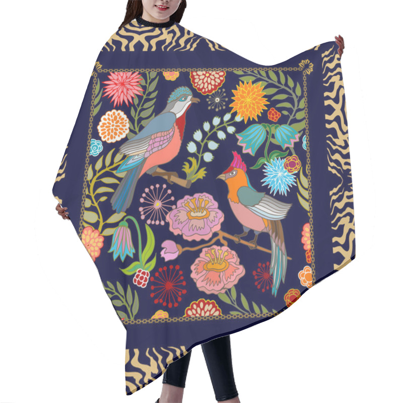 Personality  Paradise Garden. Silk Scarf Pattern With Cherry Flowers And Fantasy Birds. Hair Cutting Cape