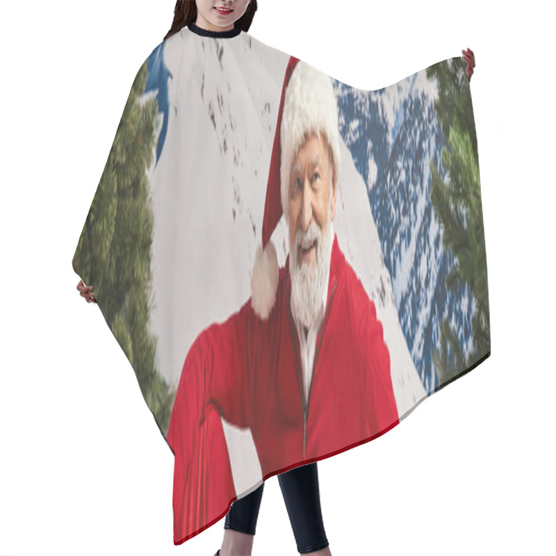 Personality  Cheerful Man Dressed As Santa Claus In Christmassy Hat With Snowy Backdrop, Winter Concept, Banner Hair Cutting Cape