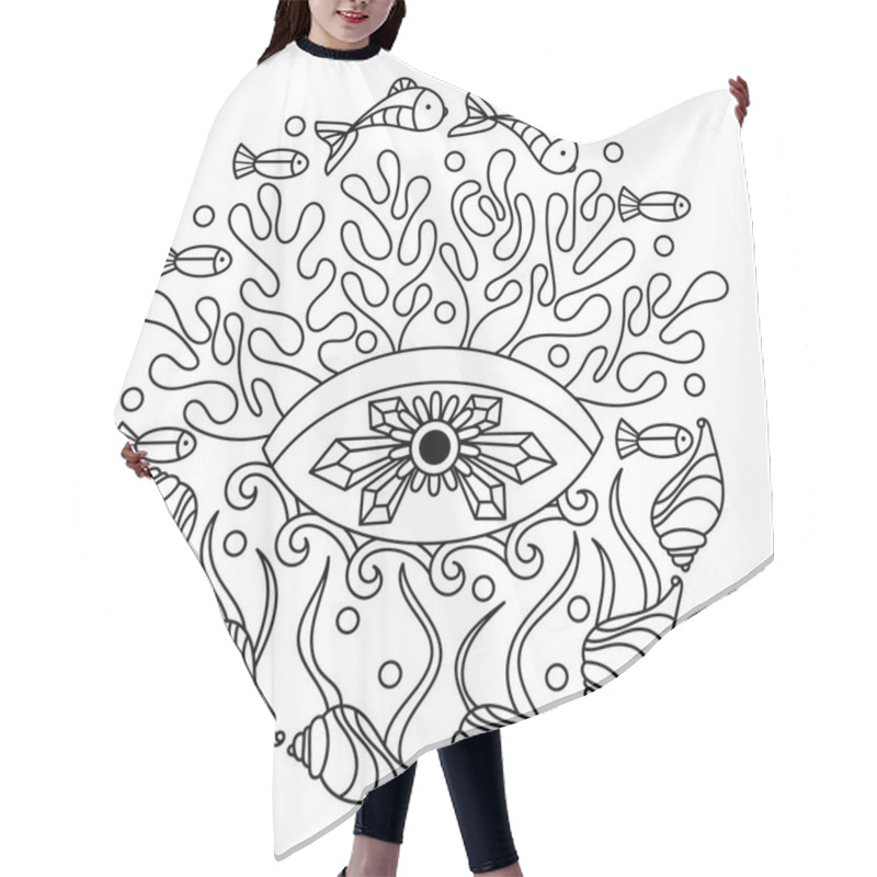 Personality  Coloring Book For Adults , Underwater. Marine Vector Motif . Doodles Of The Underwater World, Sea, Ocean, River . Eyes, Fish, Shells, Corals And Algae Are Monochrome. Psychedelic Illustrations Hair Cutting Cape